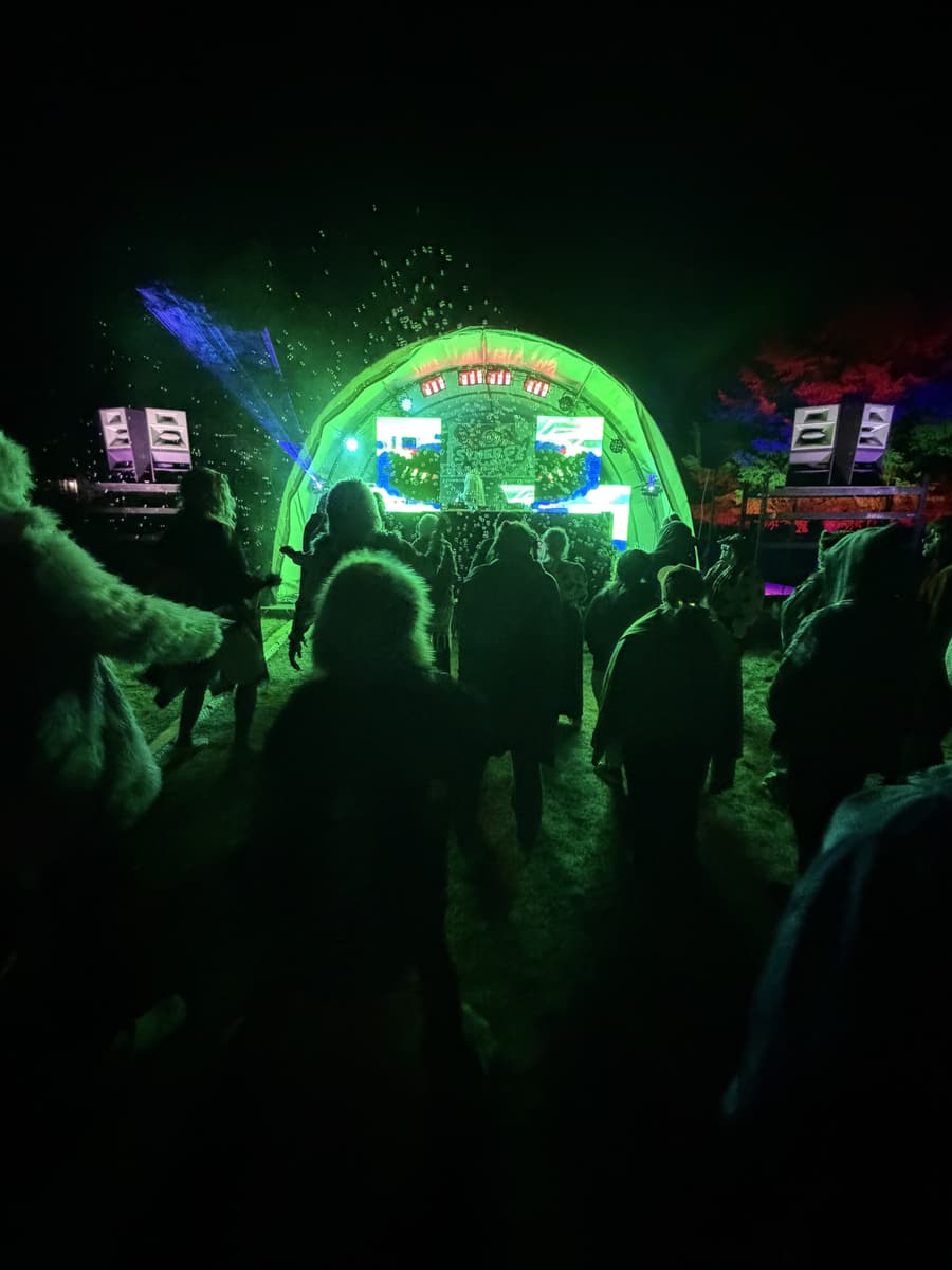 Dome stage at night with the crowd in the foreground