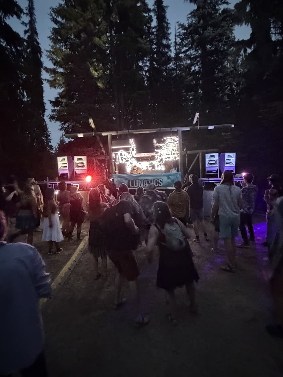 Crowd in front of the stage at dusk, LED panels lit